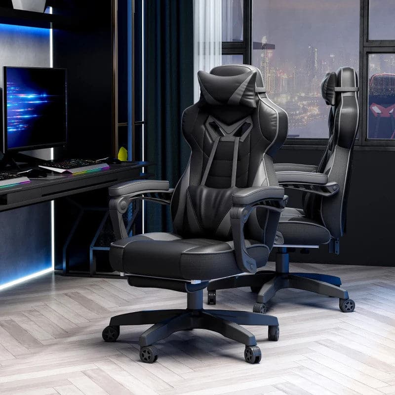Maplin Plus Ergonomic Racing Adjustable Reclining Gaming Office Chair with Headrest, Lumbar Support & Retractable Footrest