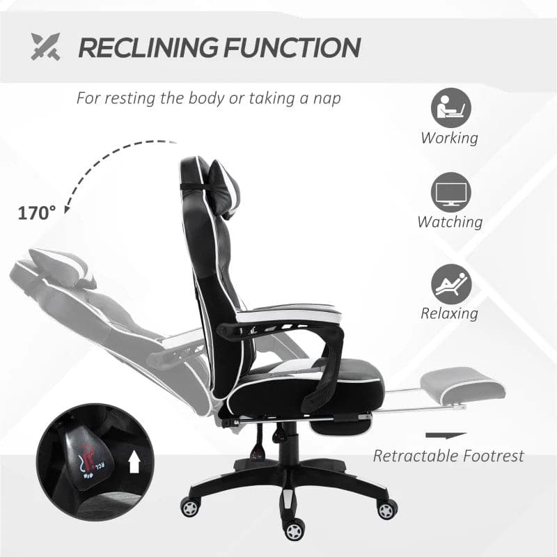 Maplin Ergonomic Racing Adjustable Reclining Gaming Office Chair with Headrest, Lumbar Support & Retractable Footrest - maplin.co.uk