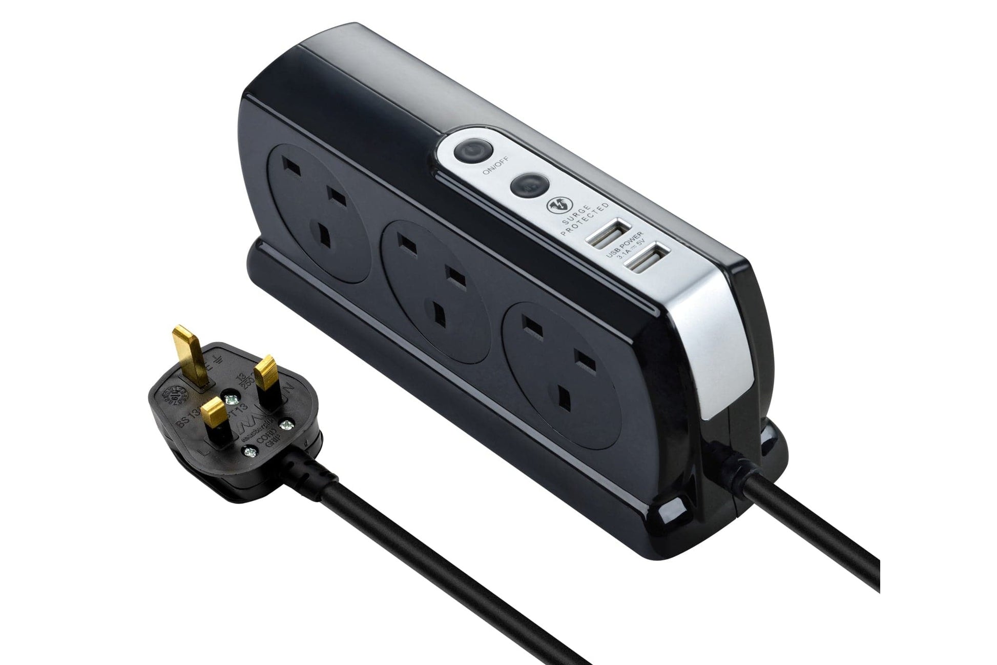 Masterplug 2m 6 Socket 13A plus 2x USB-A Ports Extension Cable Lead - Black - maplin.co.uk