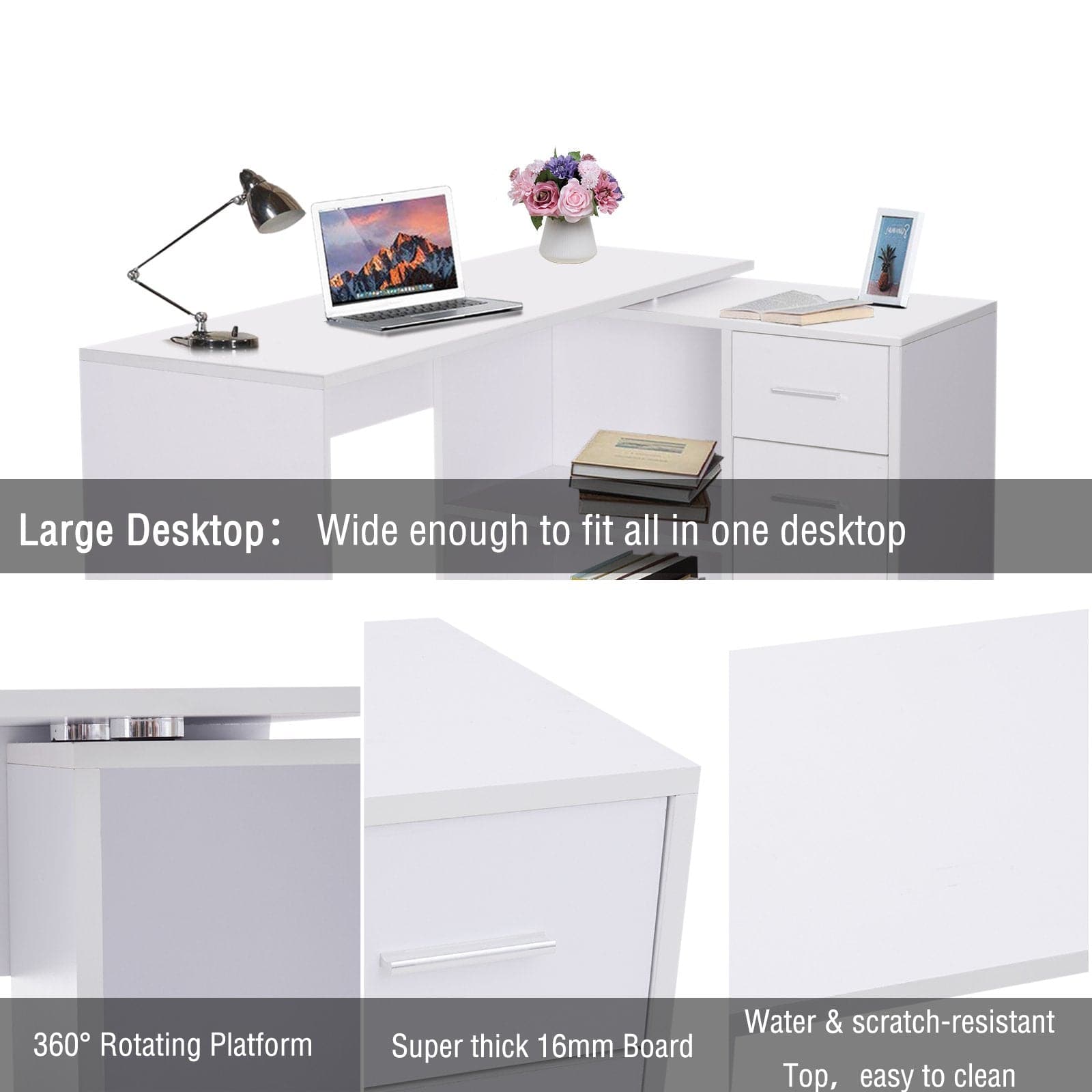 ProperAV Extra Rotating L-Shaped Corner Computer Desk with Storage Shelf Drawer Combo - maplin.co.uk