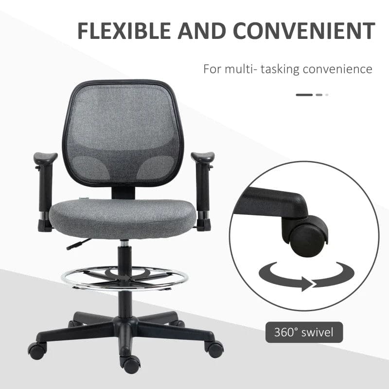 ProperAV Extra Ergonomic Mesh Adjustable Office Chair with Foot Ring, Armrests & 360° Swivel Wheels - Grey
