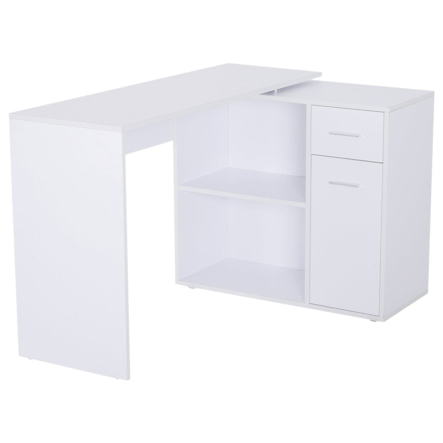ProperAV Extra Rotating L-Shaped Corner Computer Desk with Storage Shelf Drawer Combo White