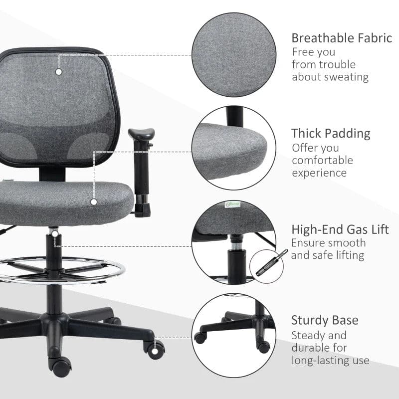 ProperAV Extra Ergonomic Mesh Adjustable Office Chair with Foot Ring, Armrests & 360° Swivel Wheels - Grey