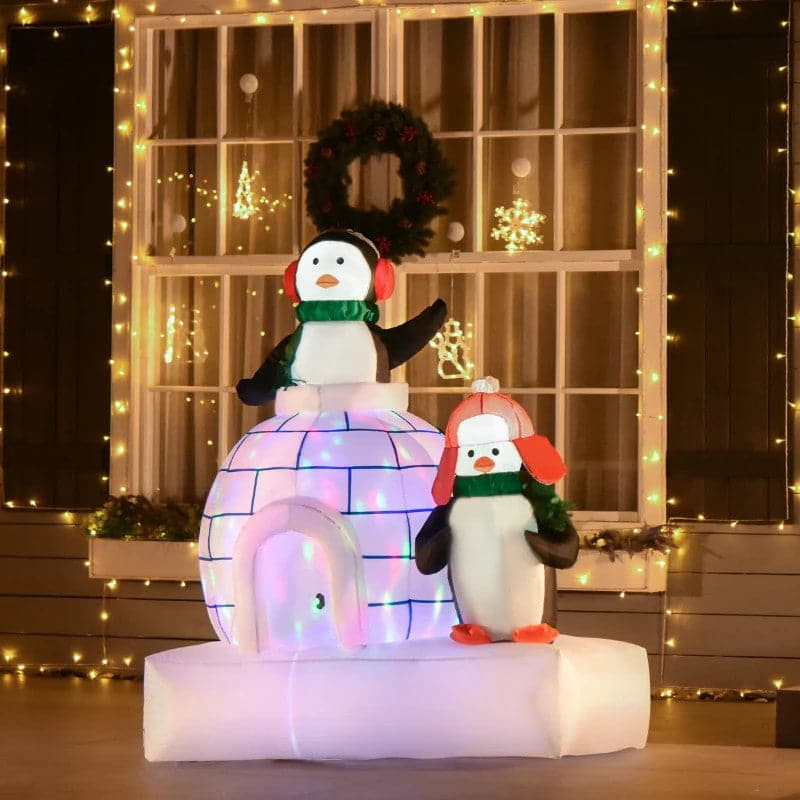 HOMCOM 1.5m LED Christmas Inflatable Two Penguins with Ice House Outdoor Decoration - maplin.co.uk