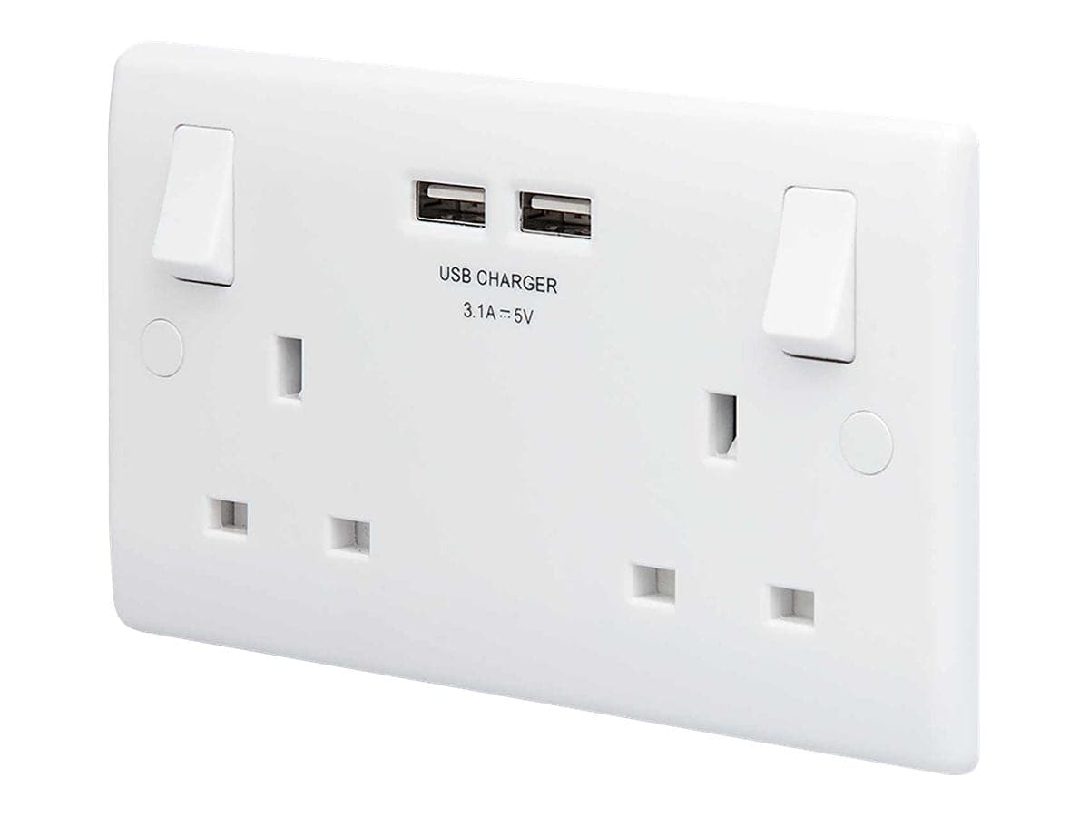 British General Round Edge 13A 2 Gang Switched Socket with 2x USB-A 3.1A - White - maplin.co.uk