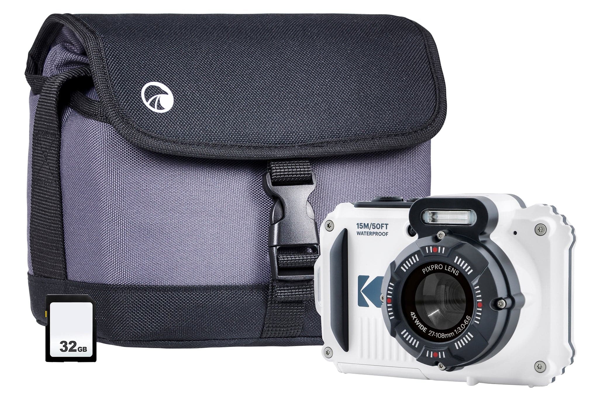 Kodak PIXPRO WPZ2 Waterproof 16MP 4x Zoom Tough Compact Camera - White Camera + 32GB SanDisk SD Card + Case