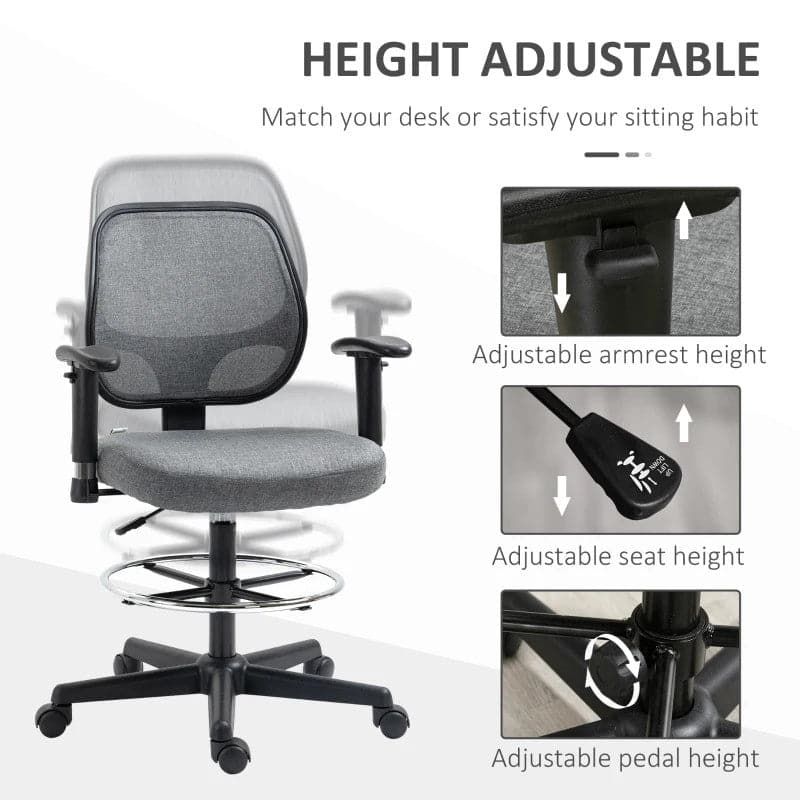 ProperAV Extra Ergonomic Mesh Adjustable Office Chair with Foot Ring, Armrests & 360° Swivel Wheels - Grey