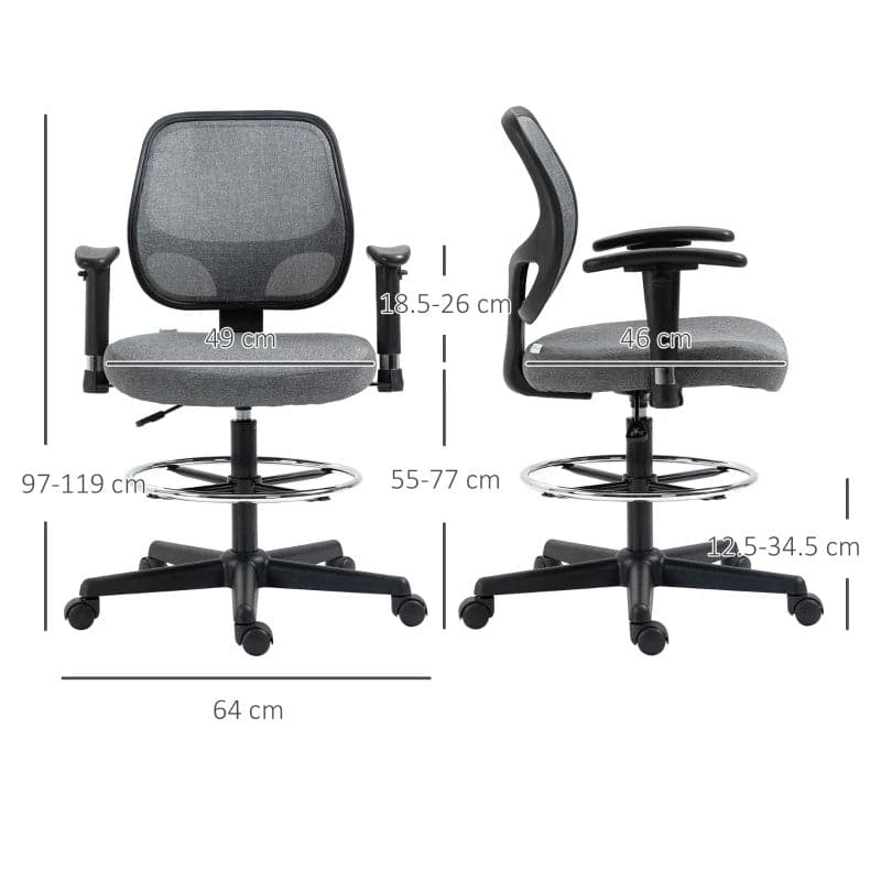 ProperAV Extra Ergonomic Mesh Adjustable Office Chair with Foot Ring, Armrests & 360° Swivel Wheels - Grey