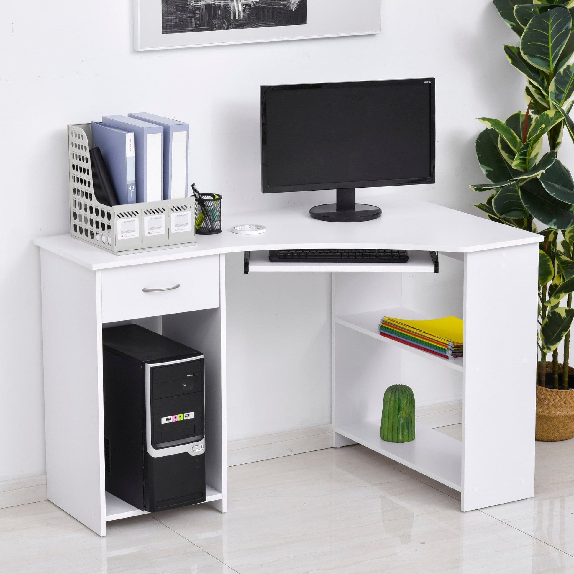 ProperAV Extra L-Shaped Corner Computer Desk & 2-Tier Side Shelves Wide Table Top with Keyboard Tray Office Study Bedroom Furniture - White - maplin.co.uk