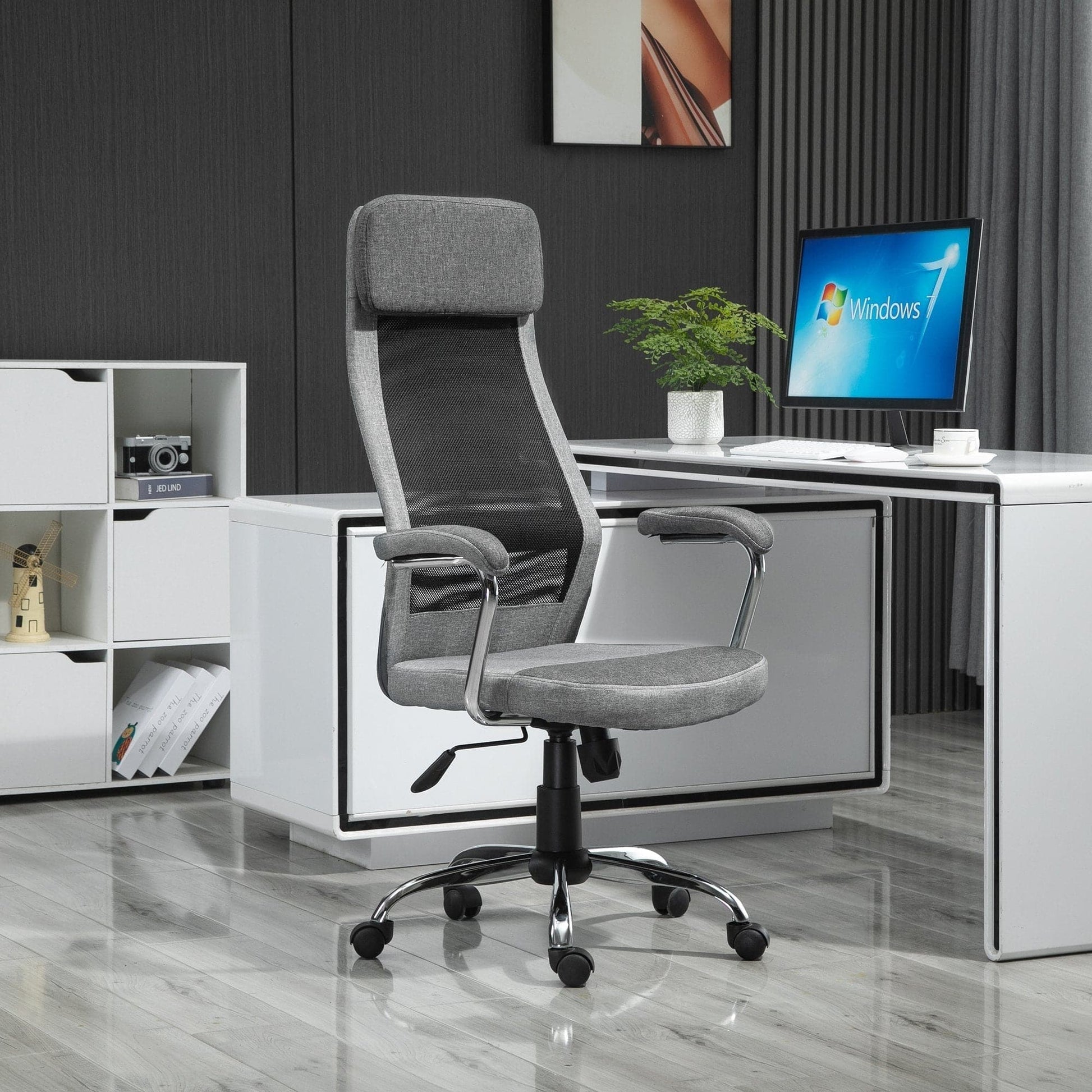 ProperAV Linen-Feel Mesh Fabric High Back Swivel Office Chair - Grey - maplin.co.uk