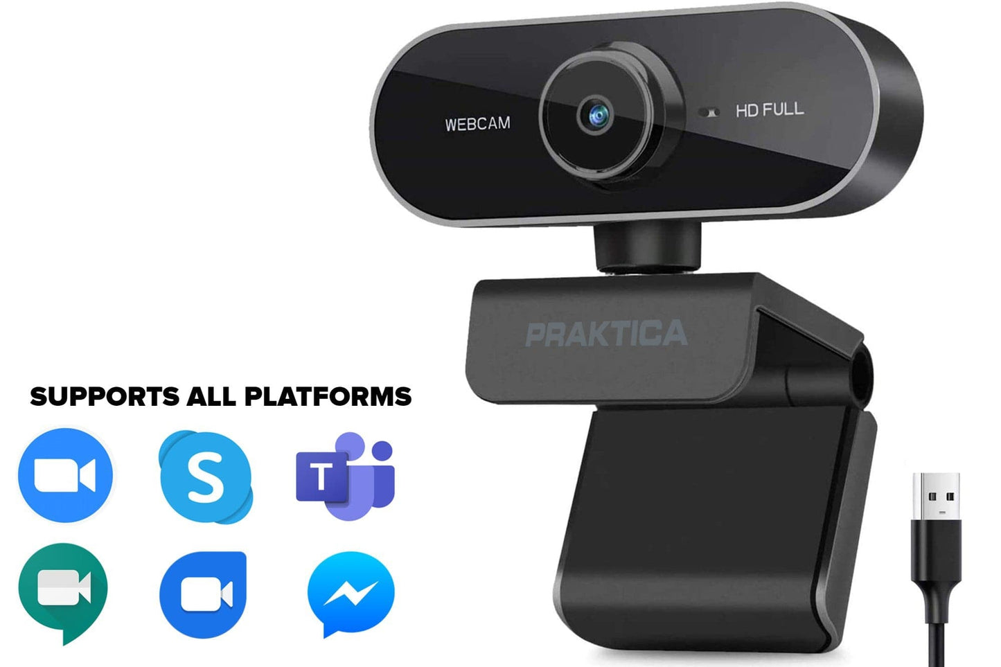 PRAKTICA Full HD 1080p Auto-Focus USB-A Webcam with Built-in Microphone & Tripod Mount
