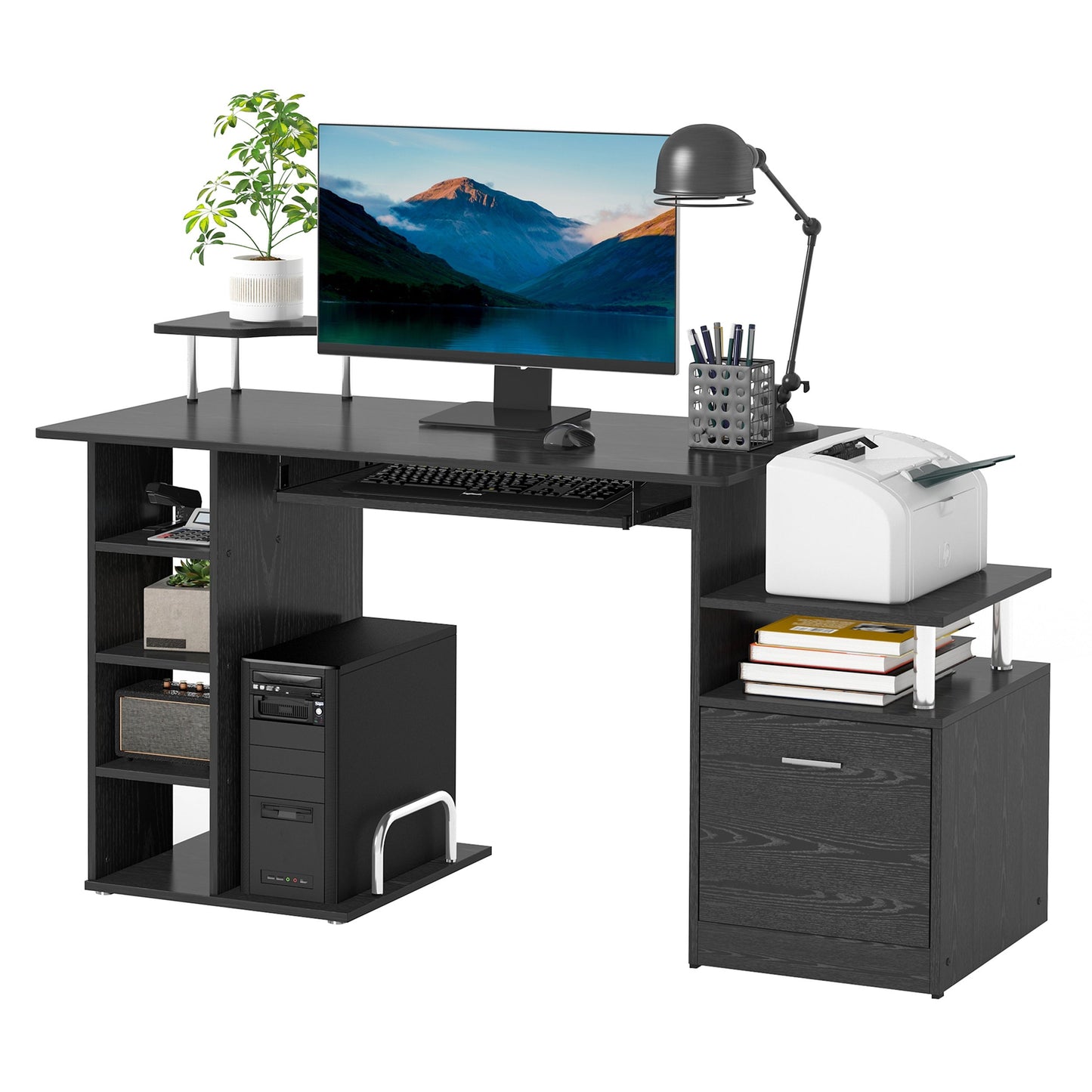 ProperAV Extra Computer Desk Workstation Wood Laptop Table with Drawer Shelves - Black - maplin.co.uk