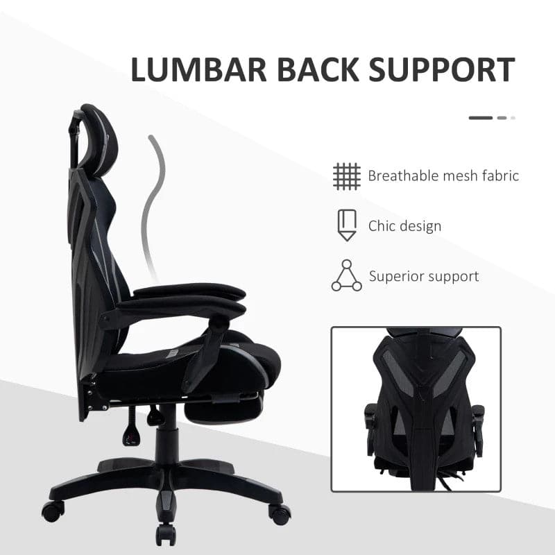 Maplin Plus Mesh Reclining Lumbar Back Support Adjustable Height Office Chair with Footrest & Swivel Wheels - Black & Grey - maplin.co.uk