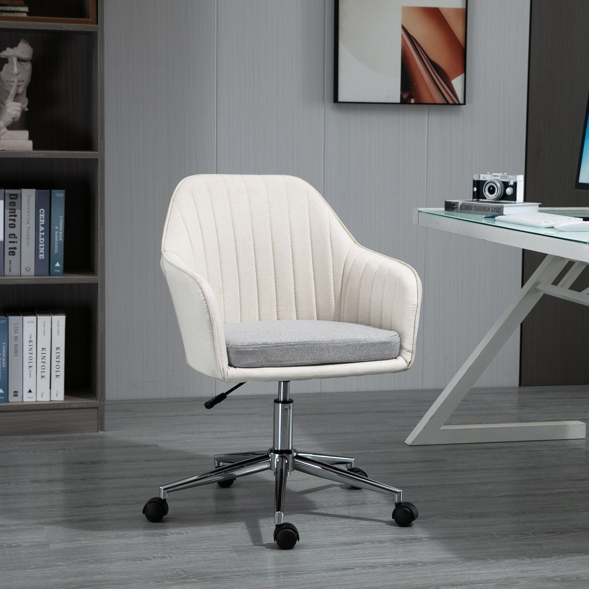 ProperAV Leisure Linen Fabric Swivel Scallop Shape Office Chair with Wheels - Beige - maplin.co.uk