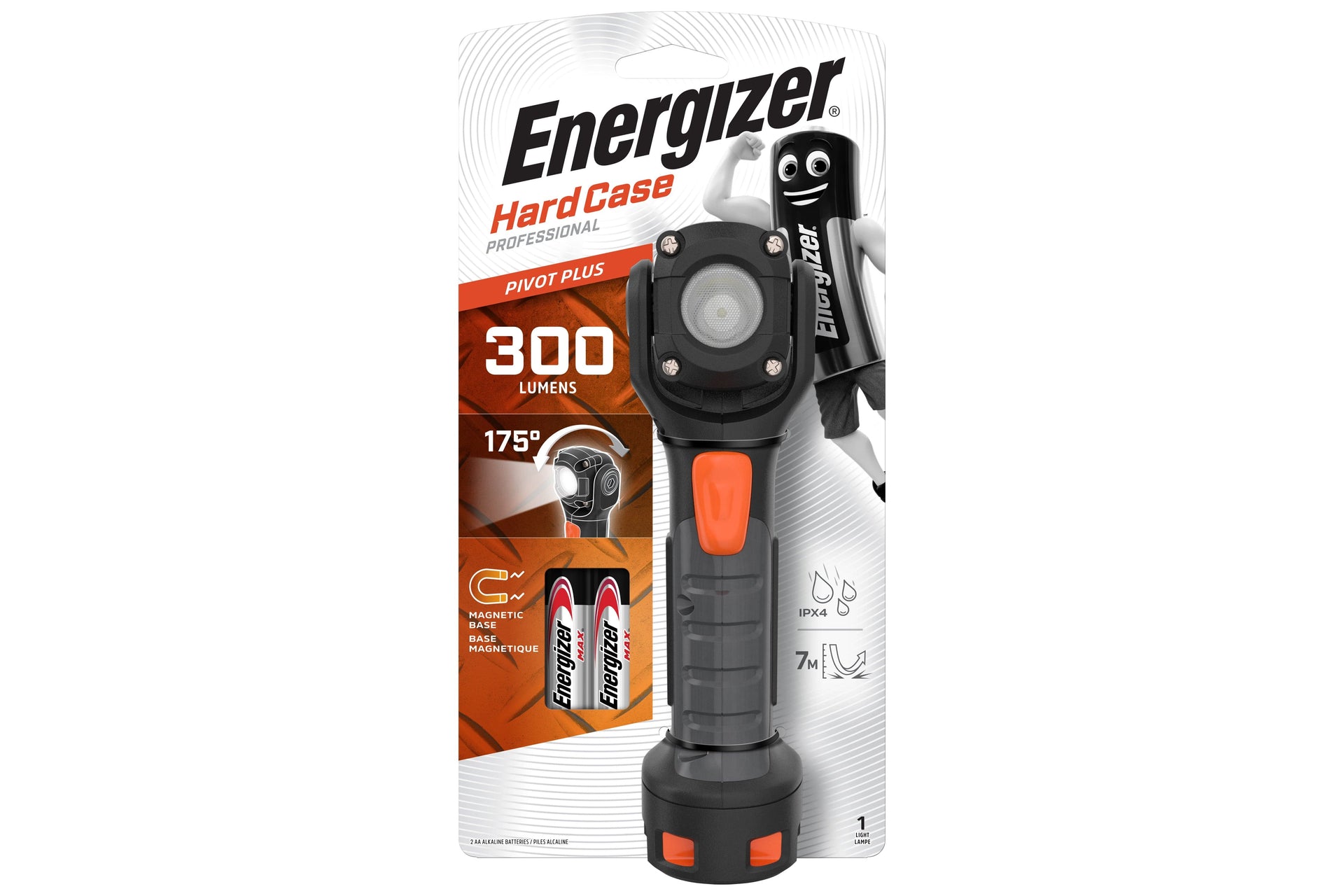 Hard Case 300 Lumens Pivot Rotating Head LED Torch Magnetic Base & 2x AA Batteries