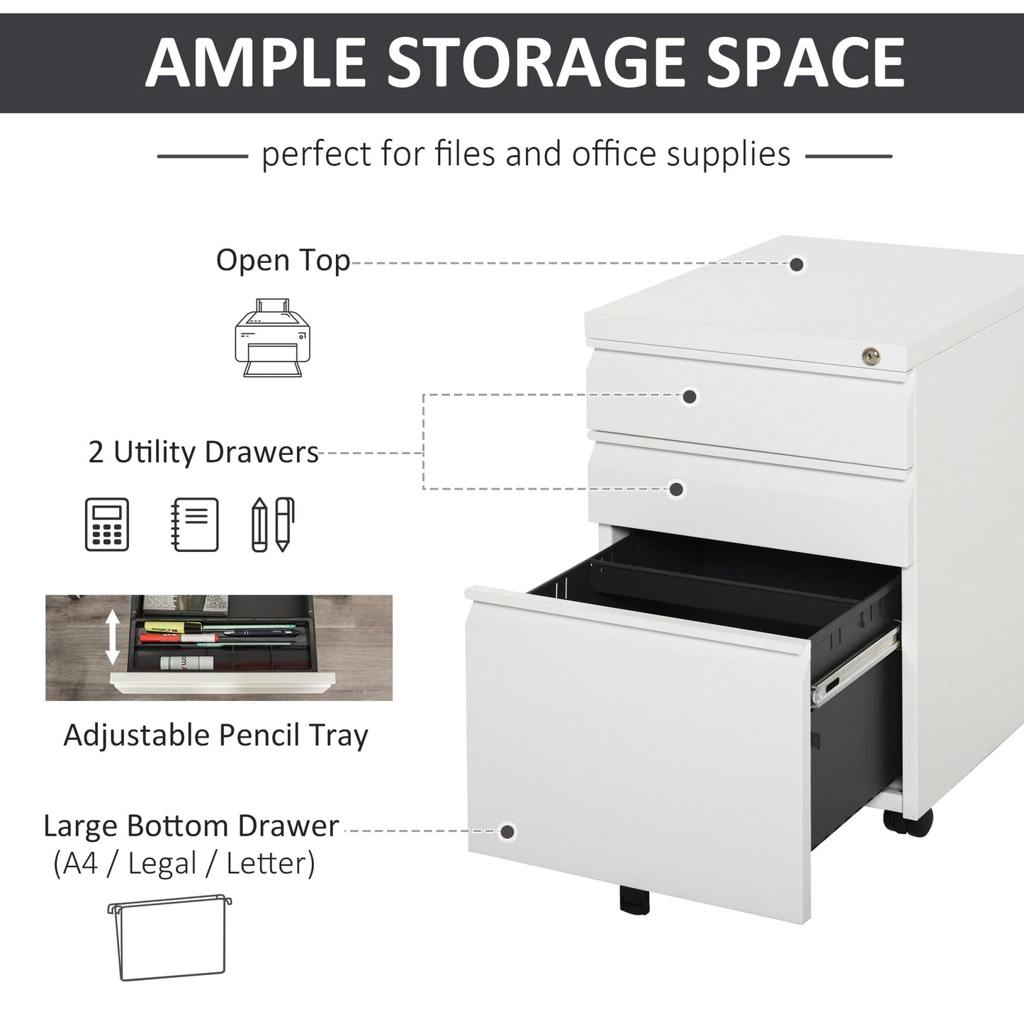 ProperAV Extra Steel 3-Drawer Rolling Filing Cabinet - White - maplin.co.uk