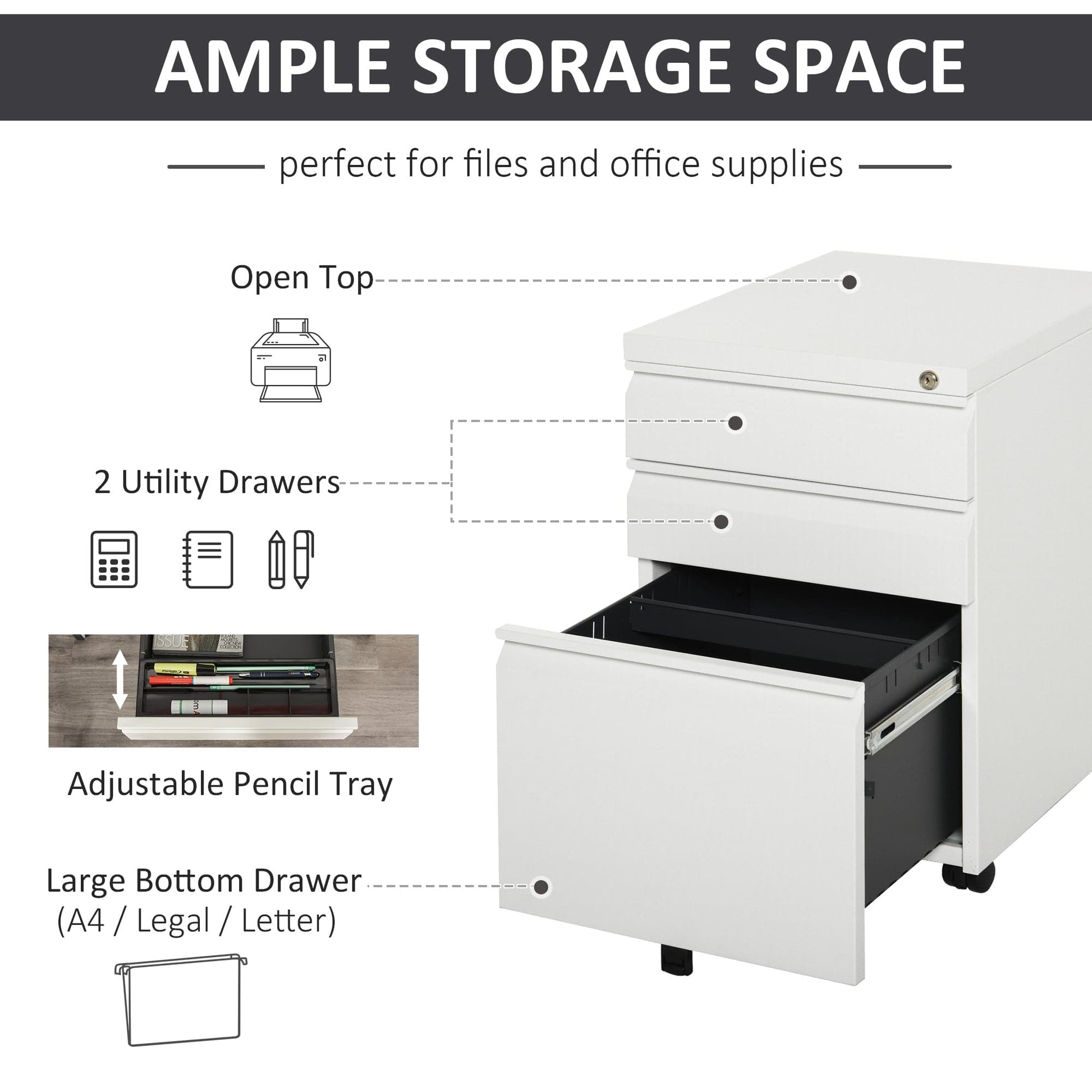 ProperAV Extra Steel 3-Drawer Rolling Filing Cabinet - White