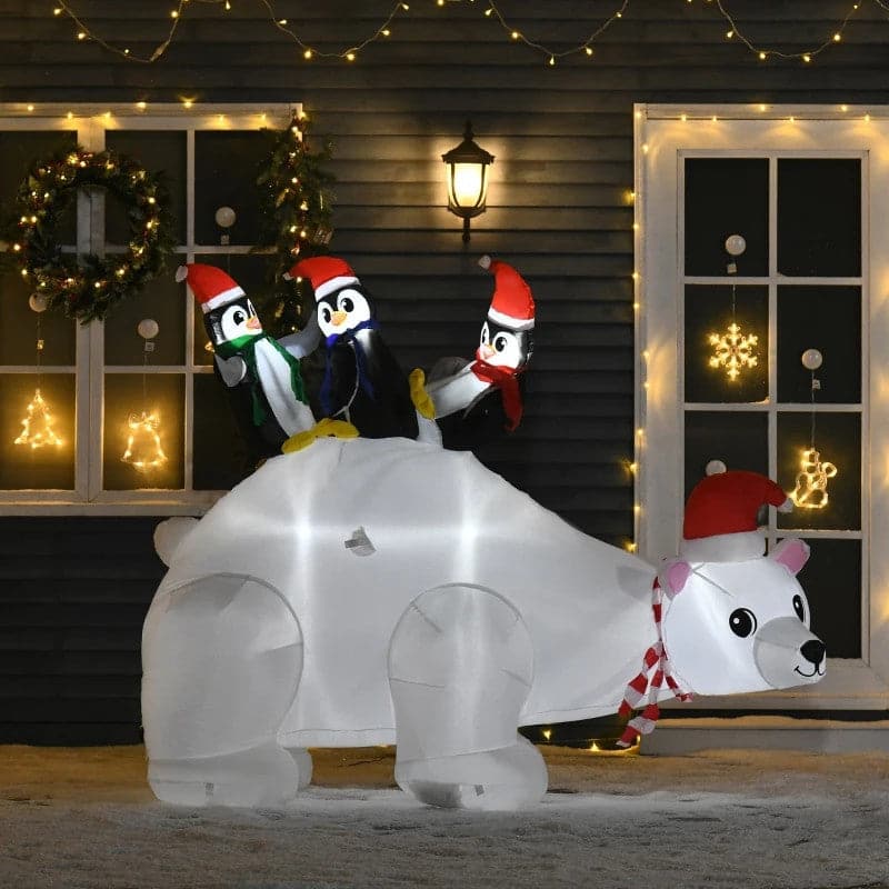 HOMCOM 5ft Outdoor Christmas LED Inflatable Polar Bear with Three Penguins - maplin.co.uk