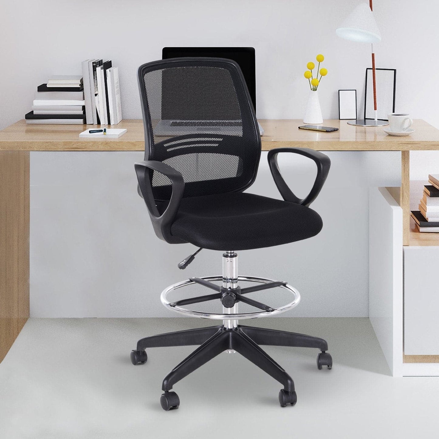 ProperAV Extra Tall Ergonomic Back Office Chair with Adjustable Height Footrest and 360° Swivel - Black - maplin.co.uk