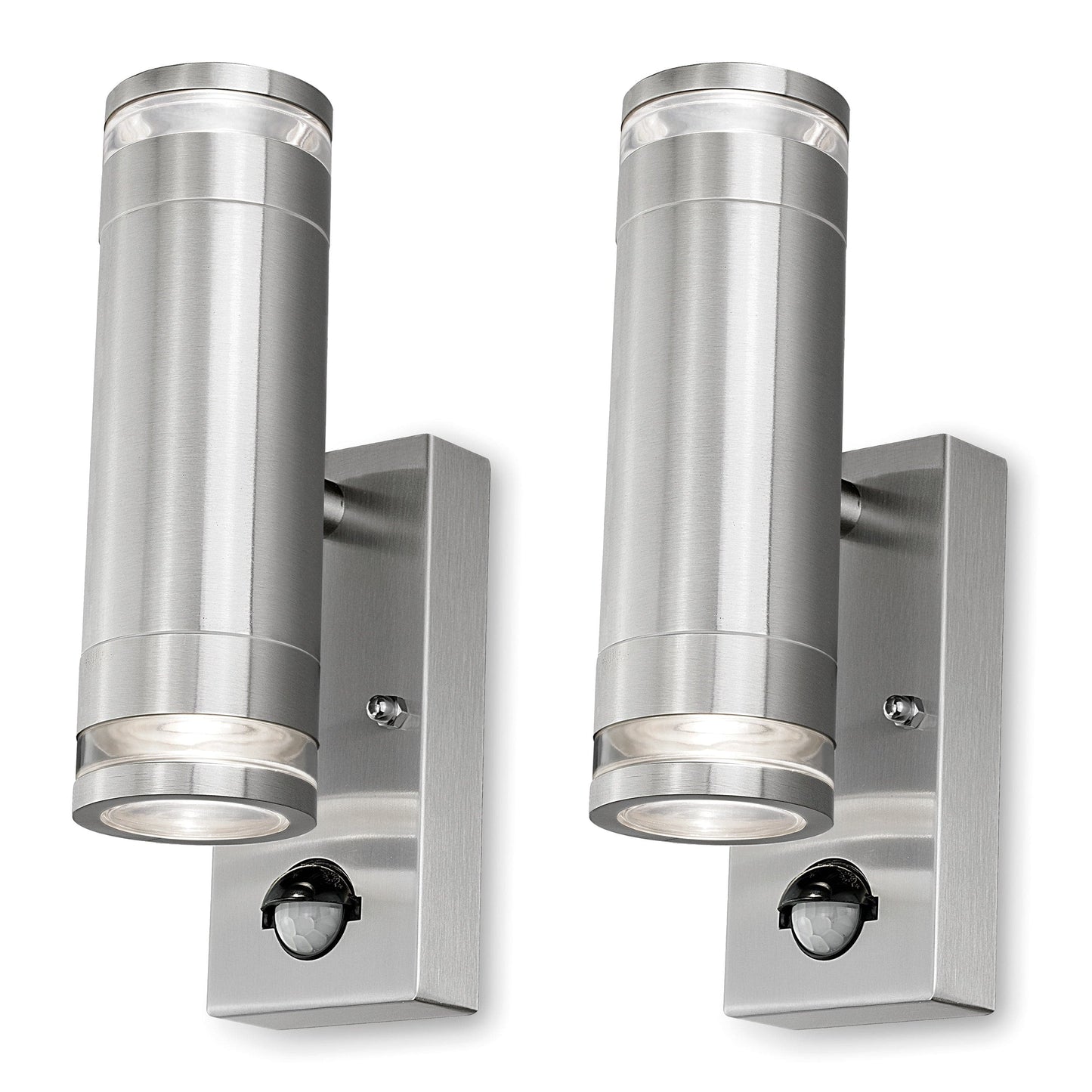 4lite Marinus GU10 Bi-Directional Outdoor Wall Light with PIR - Stainless Steel Pack of 2