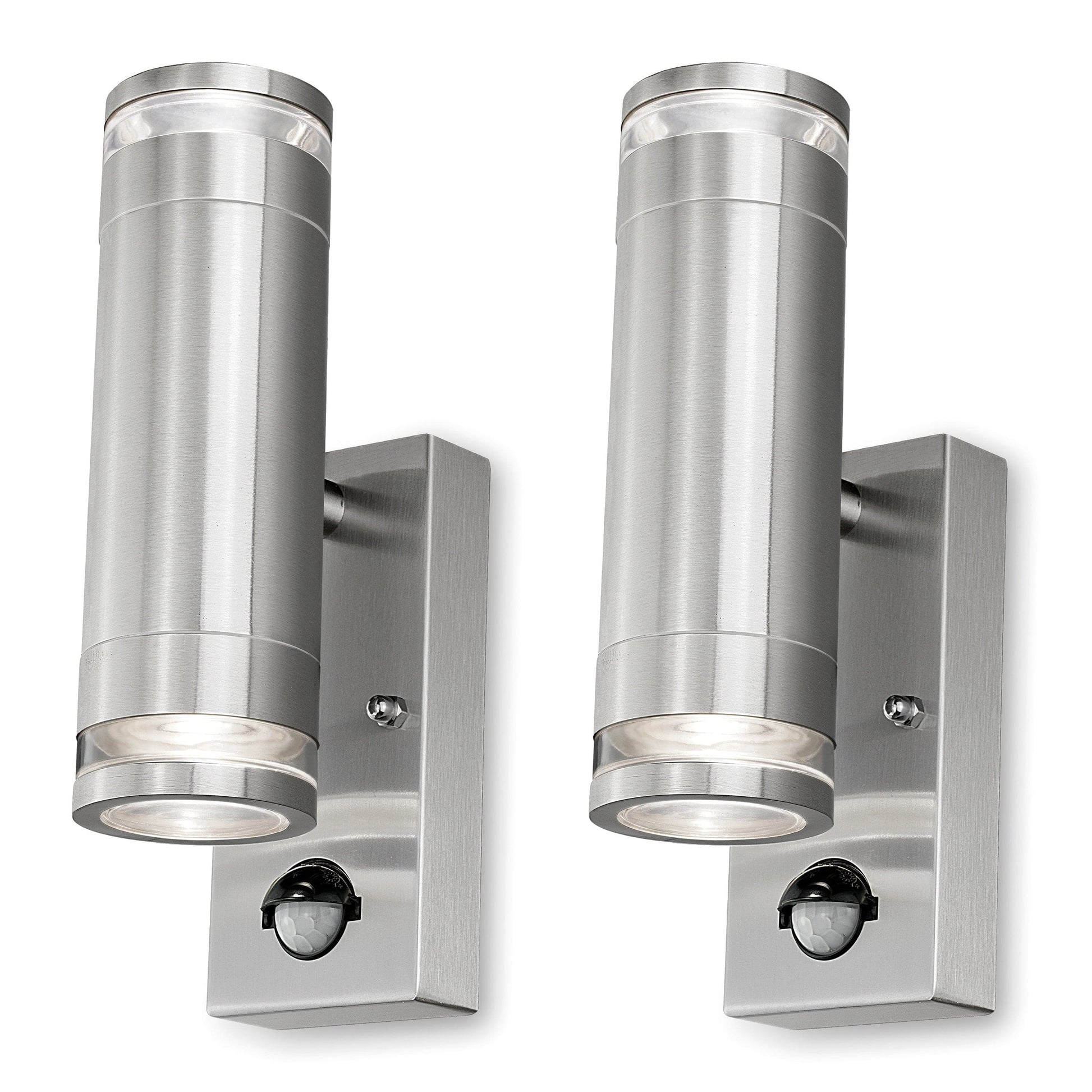 4lite Marinus GU10 Bi-Directional Outdoor Wall Light with PIR - Stainless Steel Pack of 2