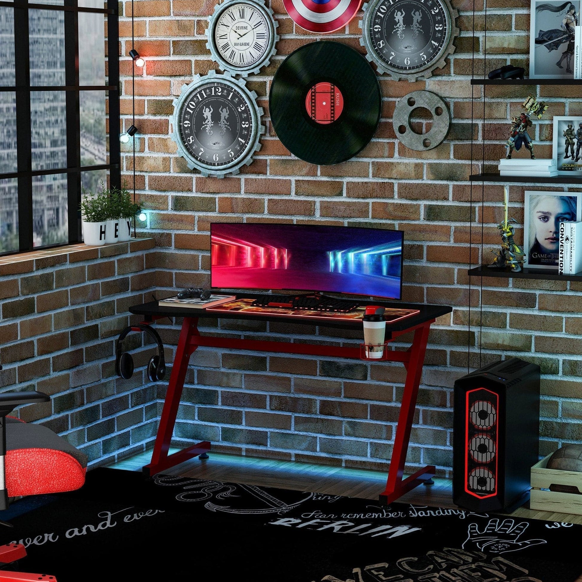 Maplin Steel Frame Gaming Desk Writing Table with Cup / Headphone Holder & Adjustable Feet - maplin.co.uk