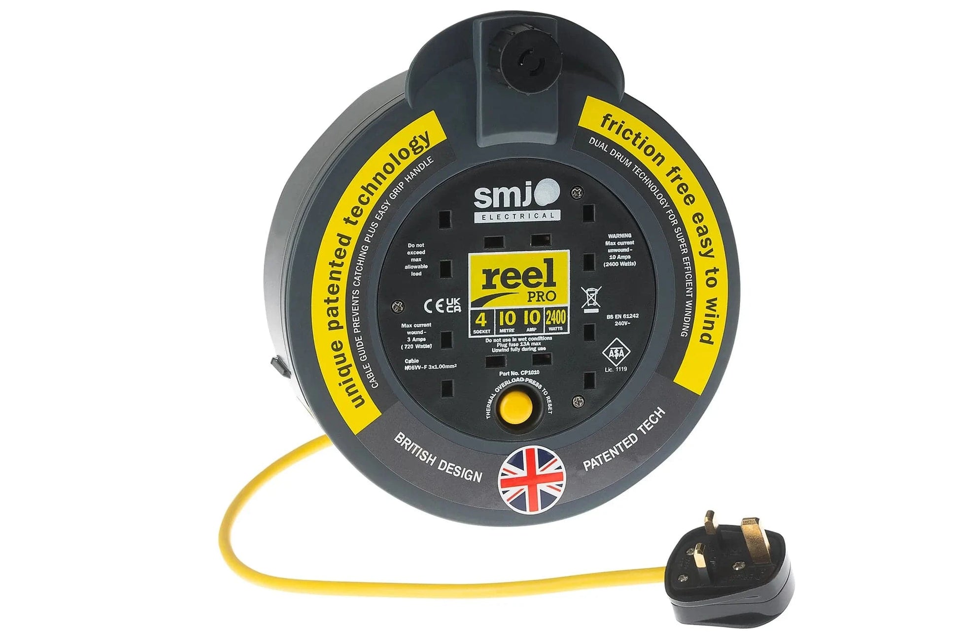SMJ Electrical 4 Socket ReelPro Cassette 10A Friction Free Cable Reel - 10m