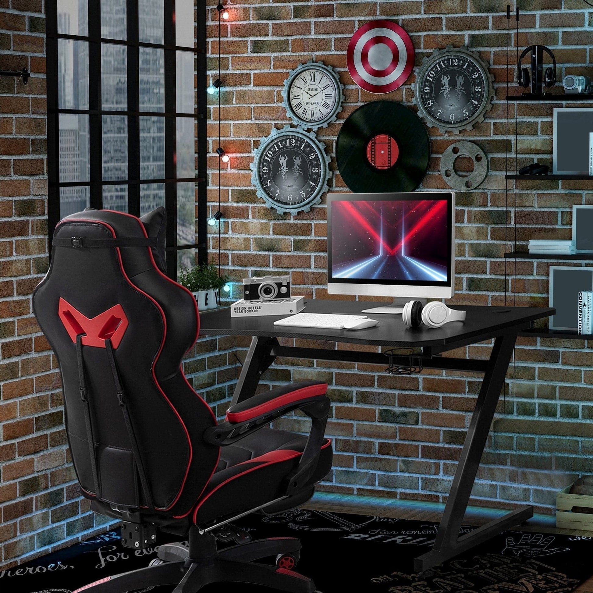 Office Gaming Desk for Multiple Monitors, Black/Red