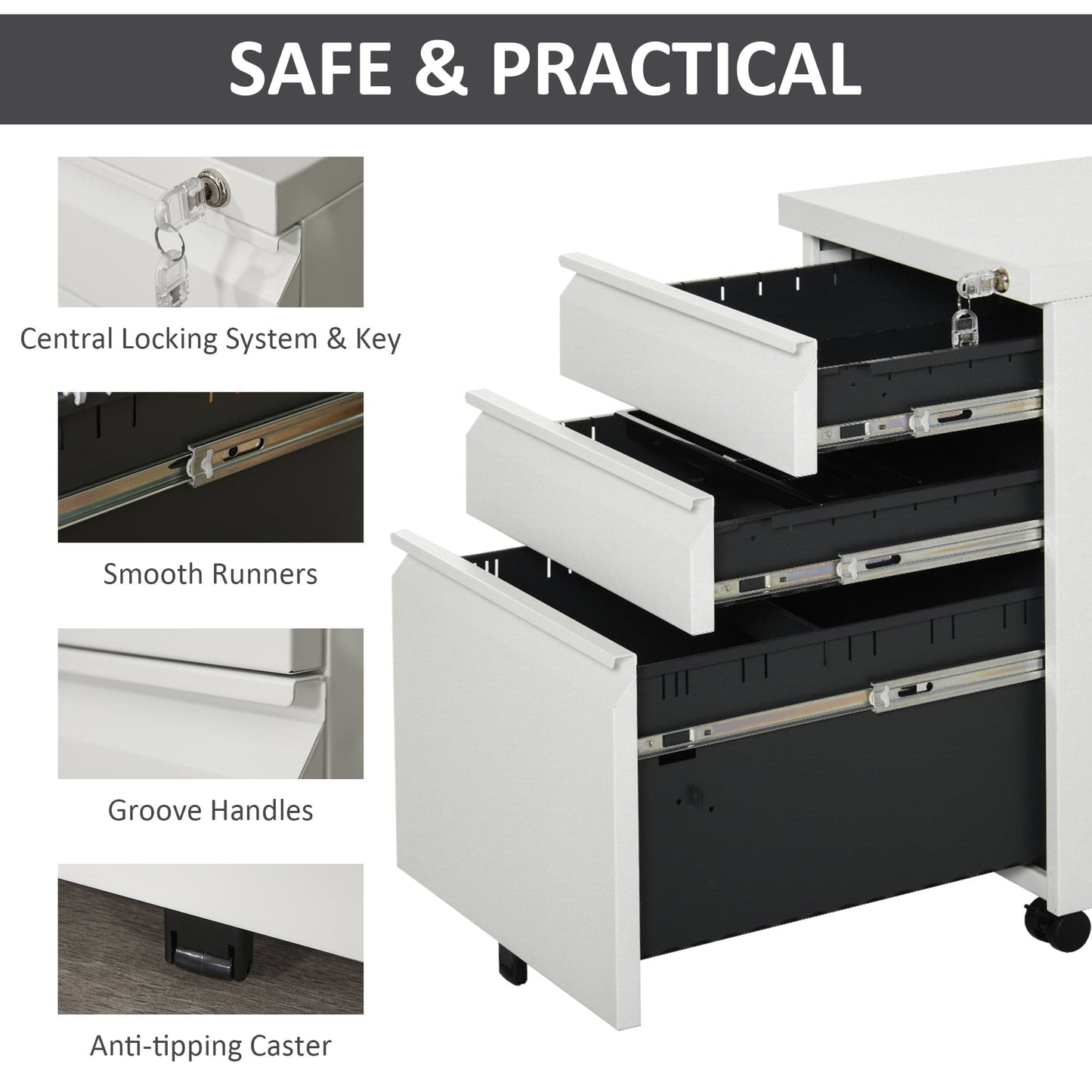 ProperAV Extra Steel 3-Drawer Rolling Filing Cabinet - White