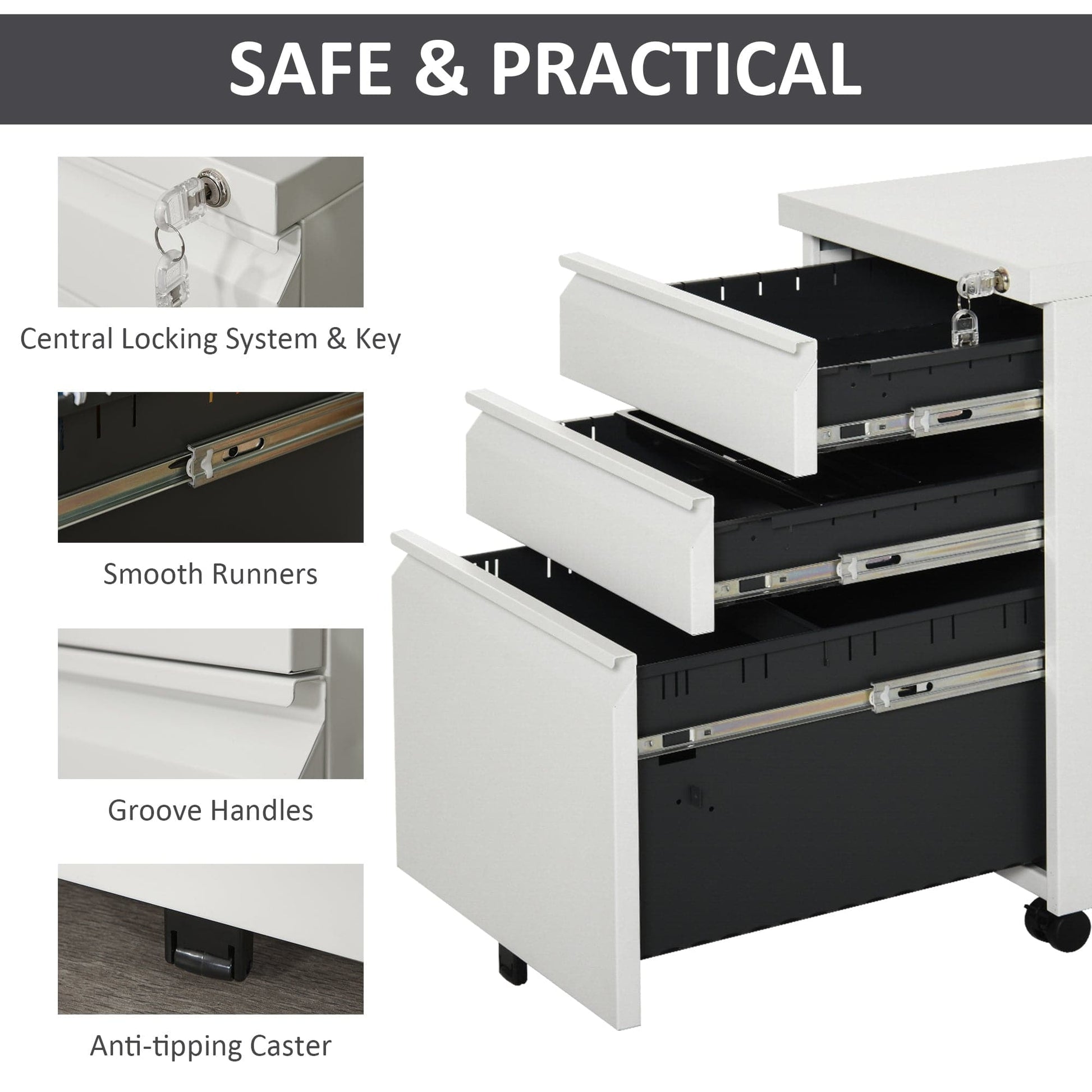 ProperAV Extra Steel 3-Drawer Rolling Filing Cabinet - White