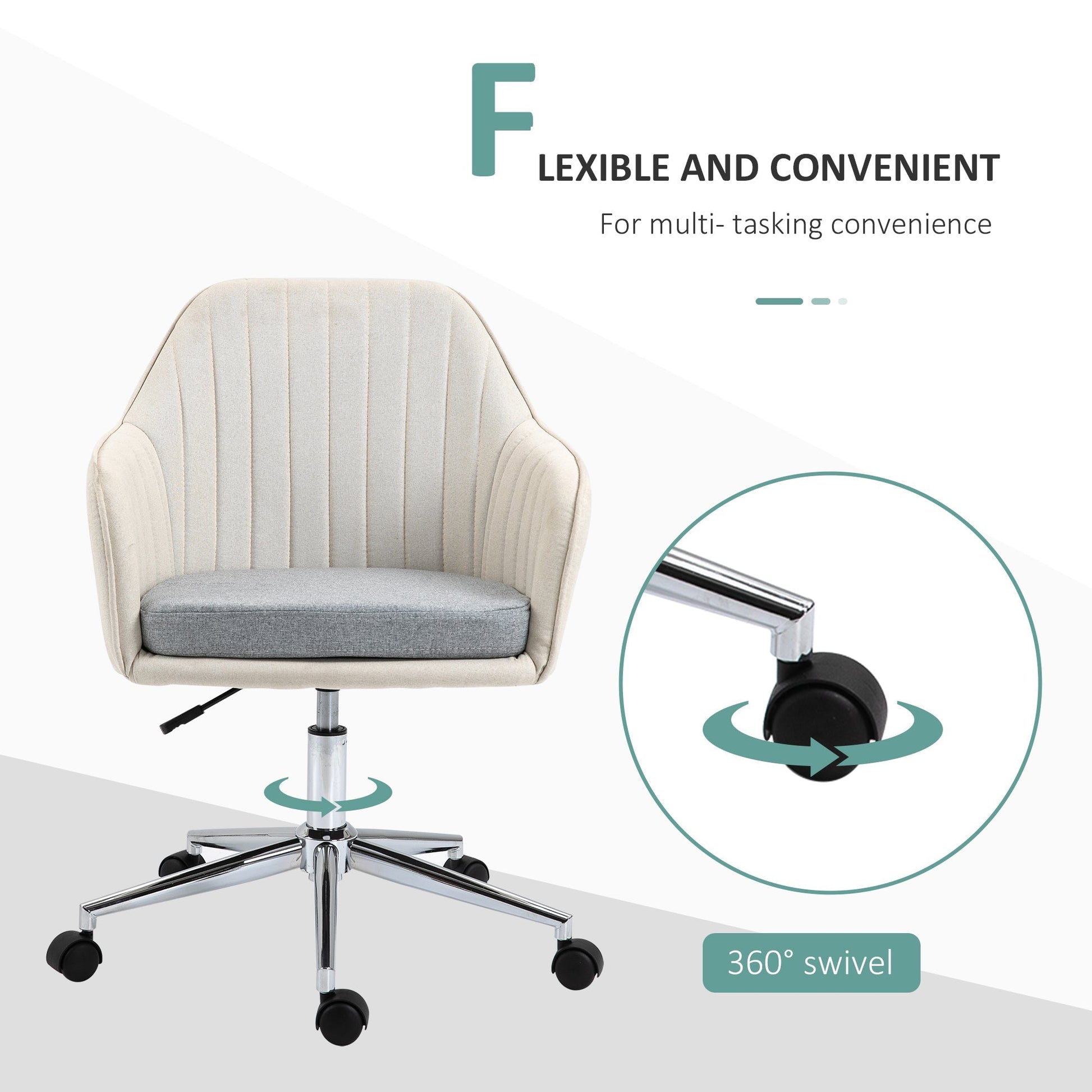 ProperAV Leisure Linen Fabric Swivel Scallop Shape Office Chair with Wheels - Beige - maplin.co.uk