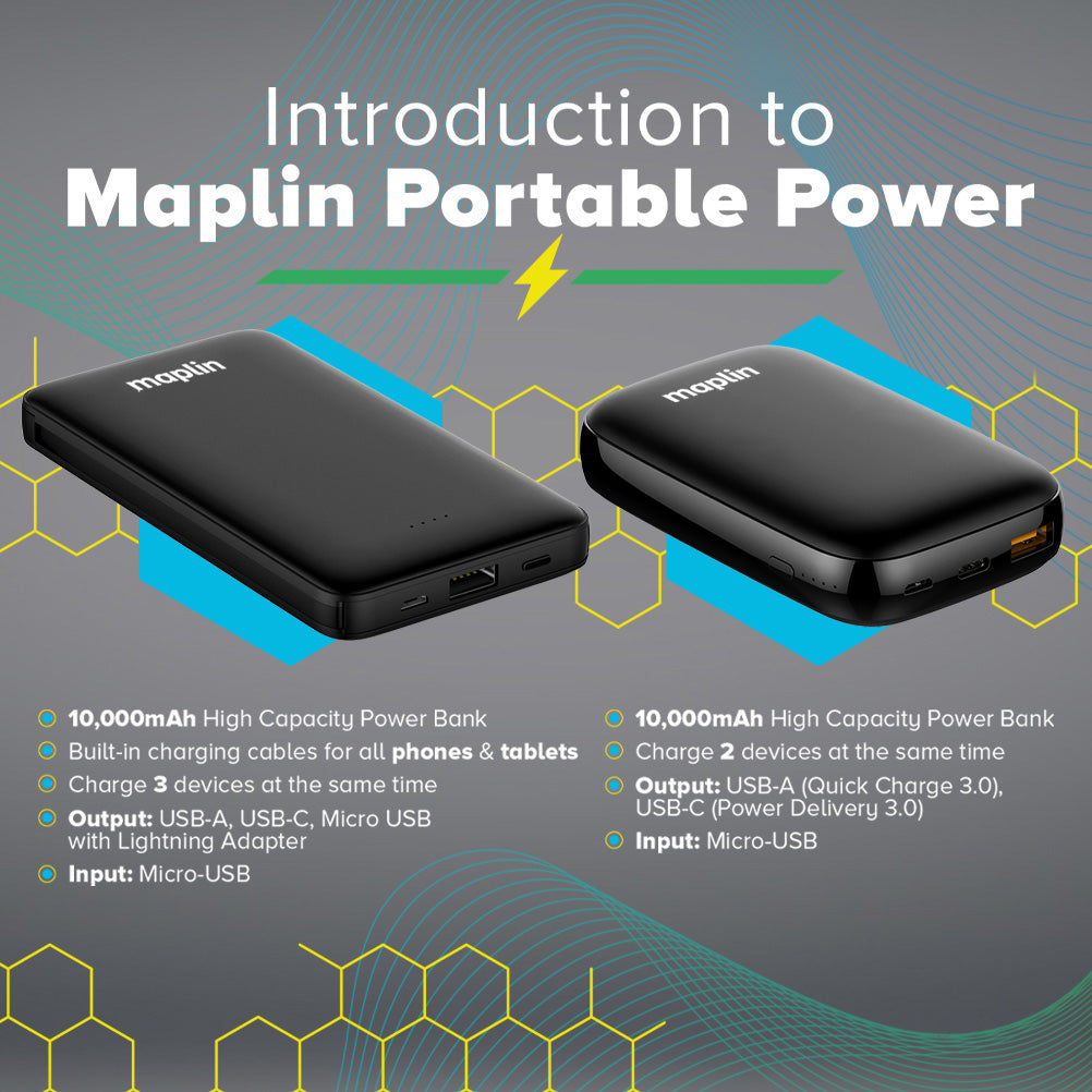 Maplin 10000mAh Portable Power Bank USB-C PD 3.0 Quick Charge 18W