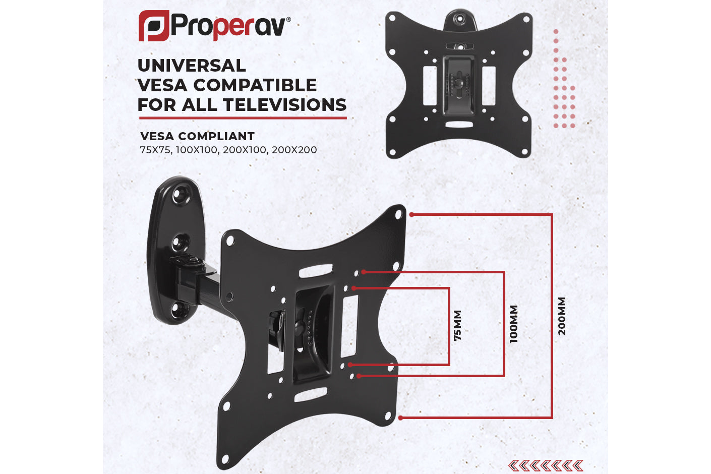 ProperAV Swing Arm 20° Tilt 23" - 43" TV Wall Bracket (30kg Capacity / VESA Max. 200x200) - Black