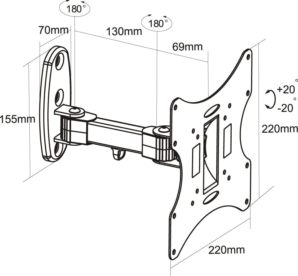 ProperAV Swing Arm 20° Tilt 23" - 43" TV Wall Bracket (30kg Capacity / VESA Max. 200x200) - Black