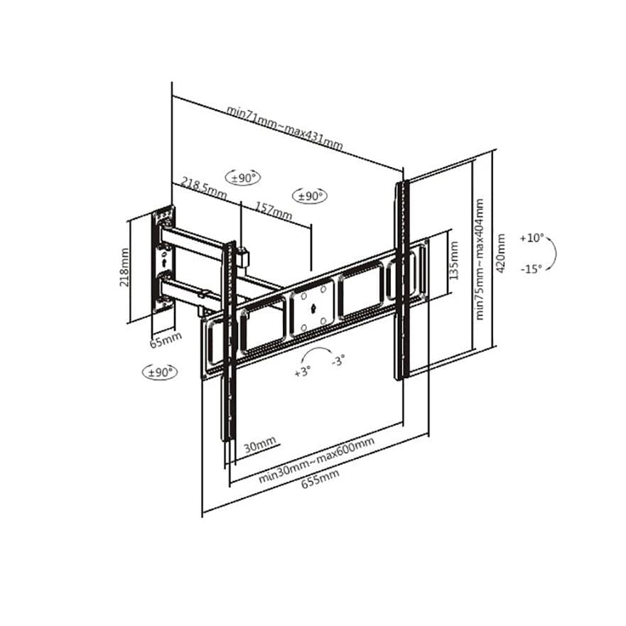 ProperAV Heavy Duty Swing Arm 37" - 70" TV Wall Bracket (35kg Capacity / VESA Max. 600x400) - Black