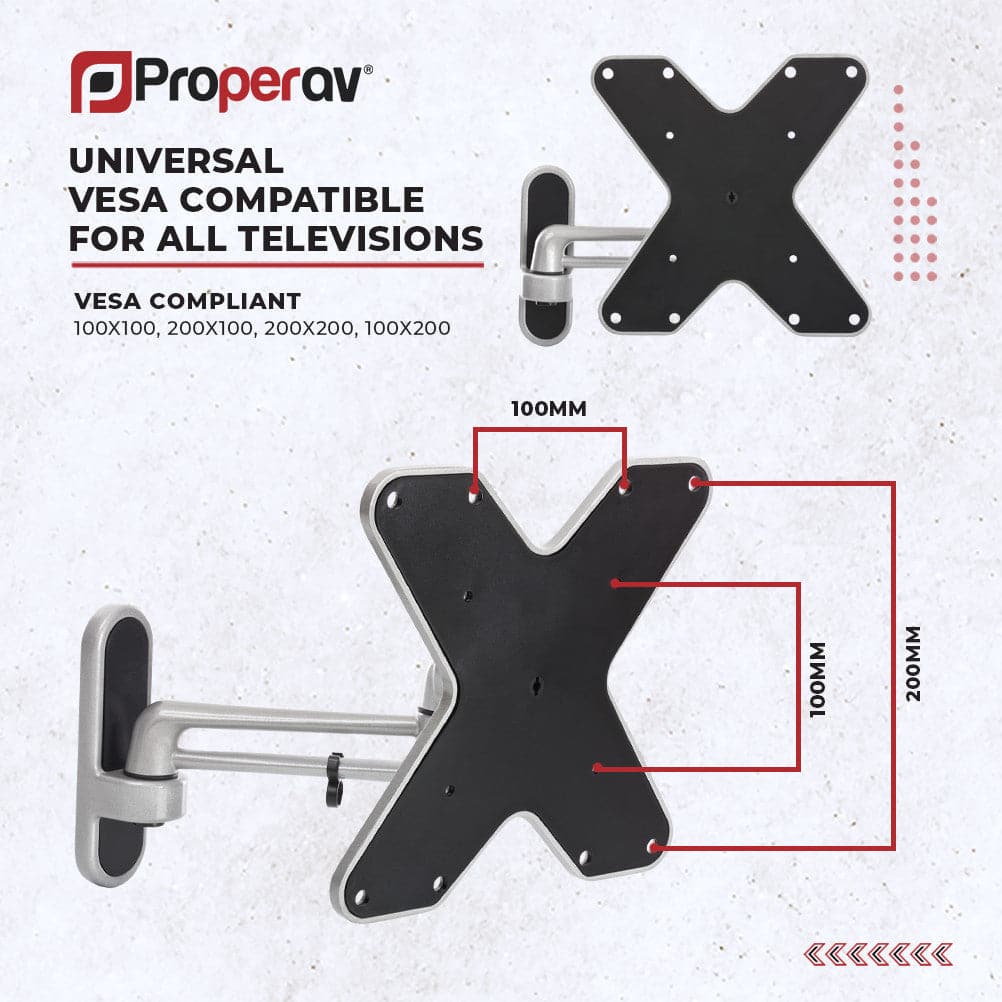 ProperAV Swing Arm 15° Tilt 23" - 43" TV Wall Bracket (15kg Capacity / VESA Max. 200x200) - Grey