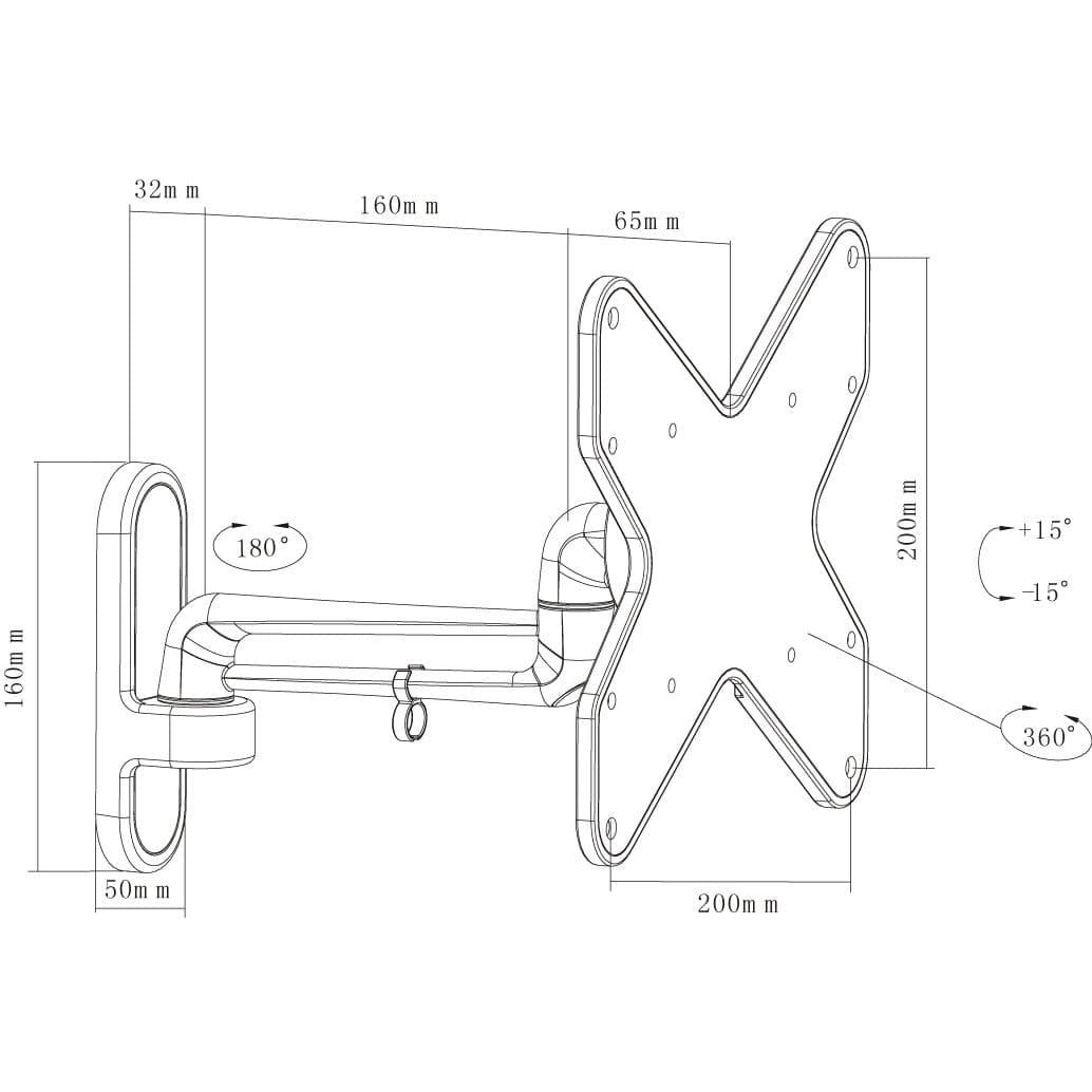 ProperAV Swing Arm 15° Tilt 23" - 43" TV Wall Bracket (15kg Capacity / VESA Max. 200x200) - Grey