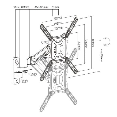 ProperAV Gas Spring Swing Arm 23" - 49" TV Wall Bracket (15kg Capacity / VESA Max. 400x400) - Black