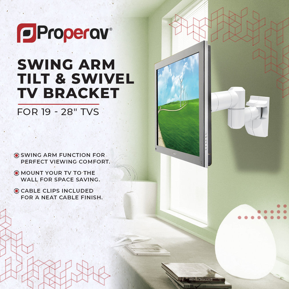 ProperAV Dual Pivot Swing Arm 20° Tilt 19" - 28" TV Wall Bracket (30kg Capacity / VESA Max. 100x100) - White