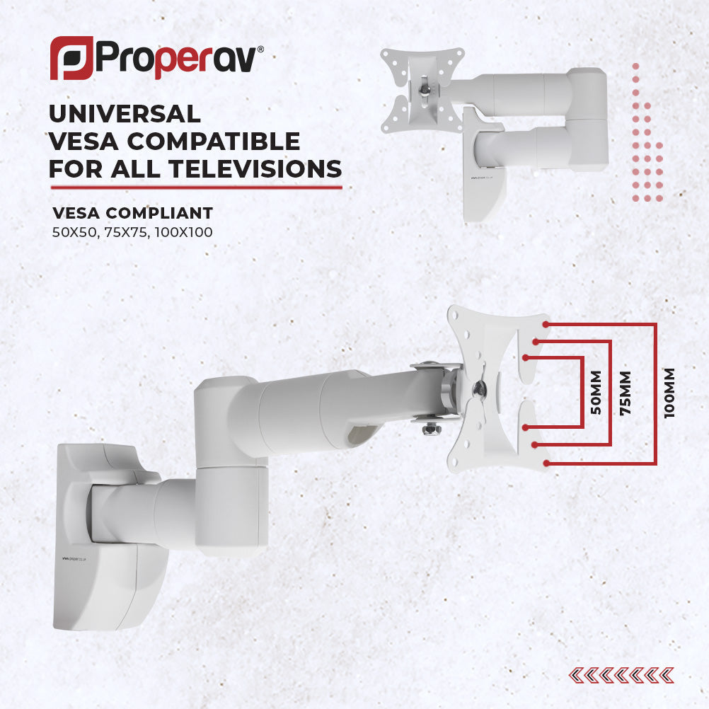 ProperAV Dual Pivot Swing Arm 20° Tilt 19" - 28" TV Wall Bracket (30kg Capacity / VESA Max. 100x100) - White
