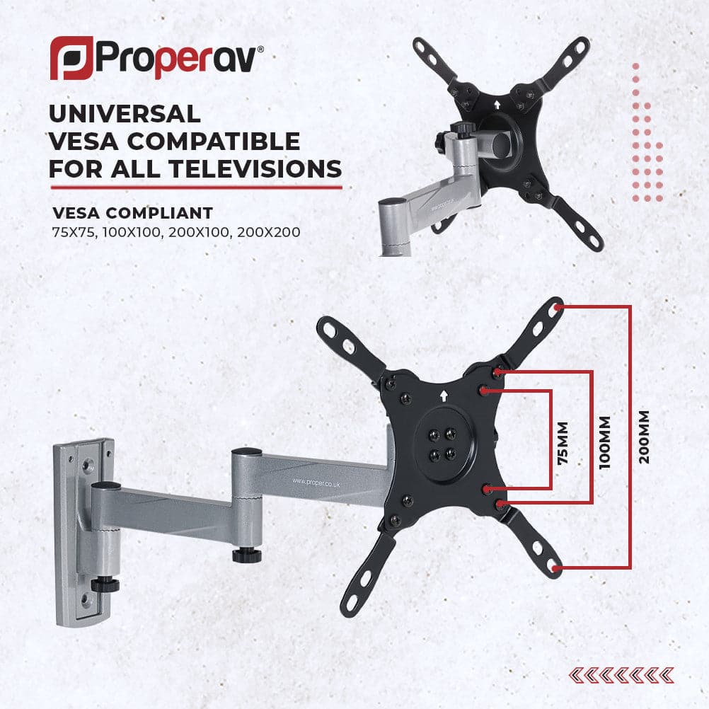 ProperAV Lockable Swing Arm Full Motion Motorhome / RV / Caravan / Boat 13 – 43” TV Bracket (15kg Capacity / VESA Max. 200x200) – Silver - maplin.co.uk