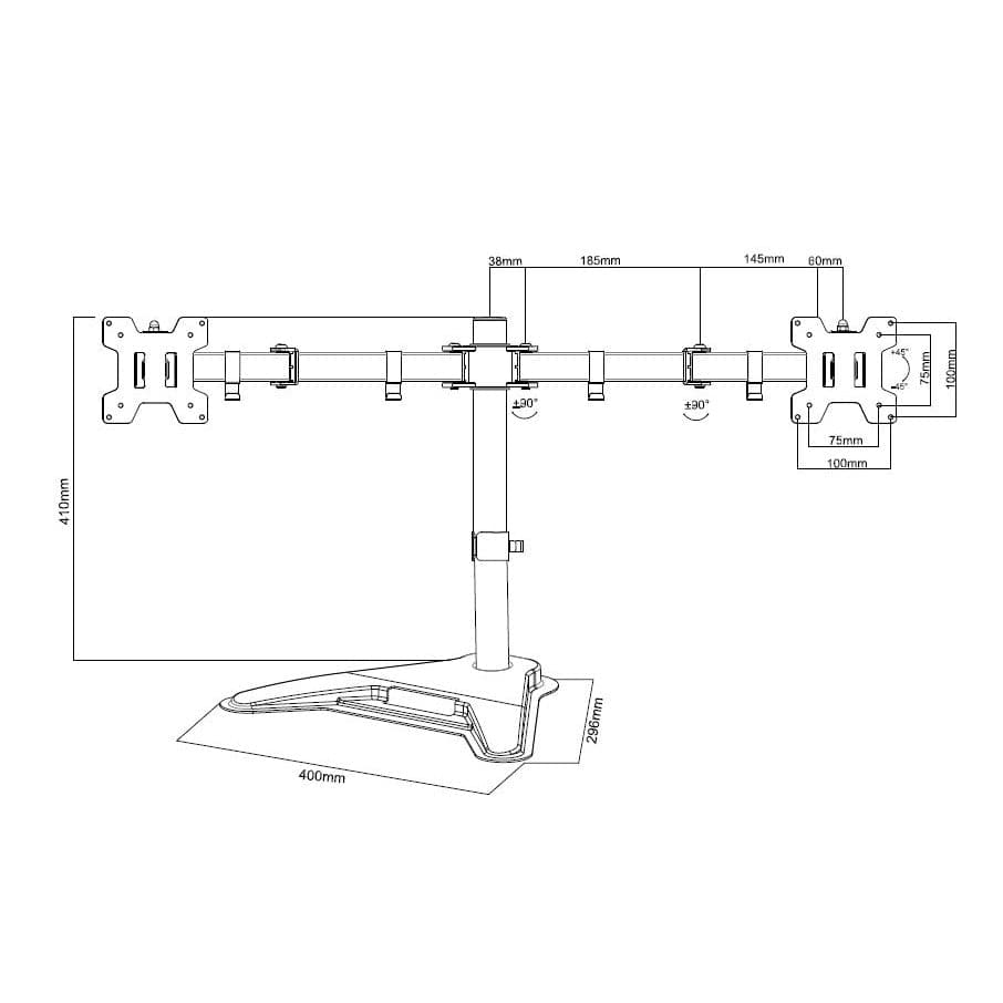 ProperAV 17" - 32" Dual Swing Arm Desk PC Monitor Mount with Freestanding Base (VESA Max. 100x100)