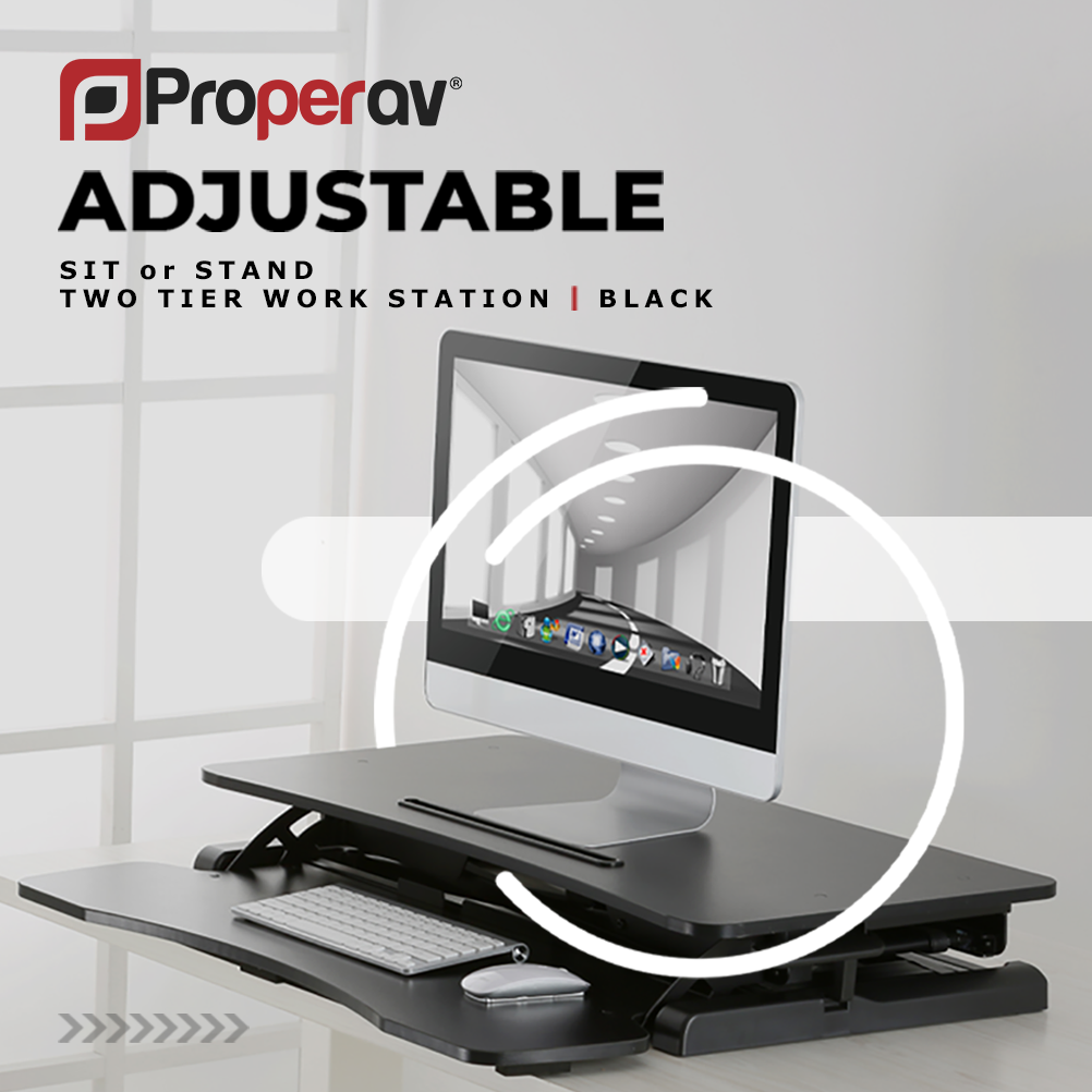 ProperAV Two Tier Worktop Stand Up Desk Converter with Gas Spring Lift & Variable Height Settings - Black - maplin.co.uk