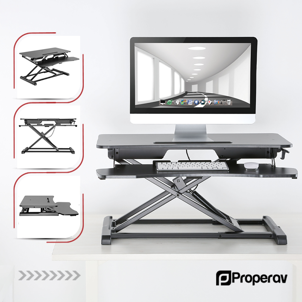 ProperAV Two Tier Worktop Stand Up Desk Converter with Gas Spring Lift & Variable Height Settings - Black - maplin.co.uk