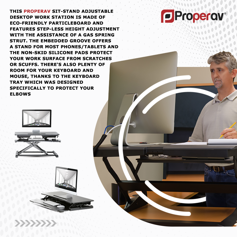 ProperAV Two Tier Worktop Stand Up Desk Converter with Gas Spring Lift & Variable Height Settings - Black - maplin.co.uk