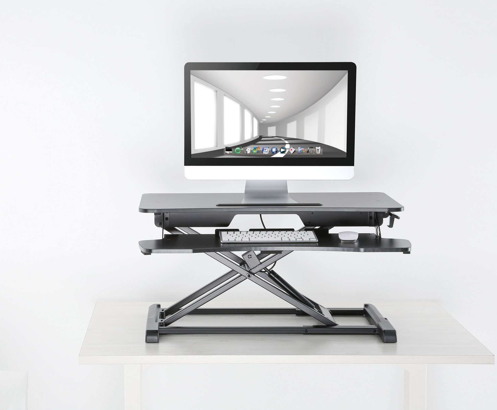 ProperAV Two Tier Height Adjustable Stand Up Desk Workstation Worktop - Black - maplin.co.uk