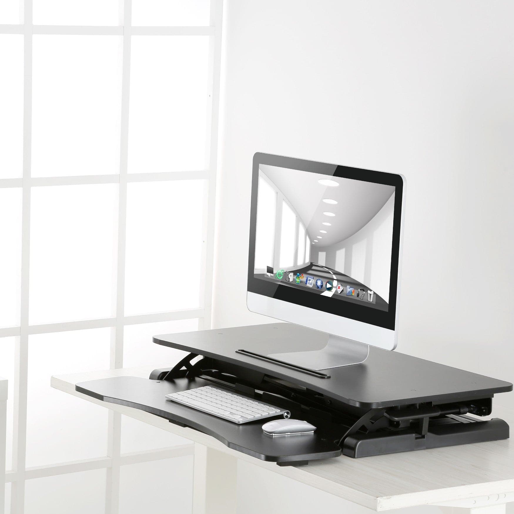 ProperAV Two Tier Worktop Stand Up Desk Converter with Gas Spring Lift & Variable Height Settings - Black
