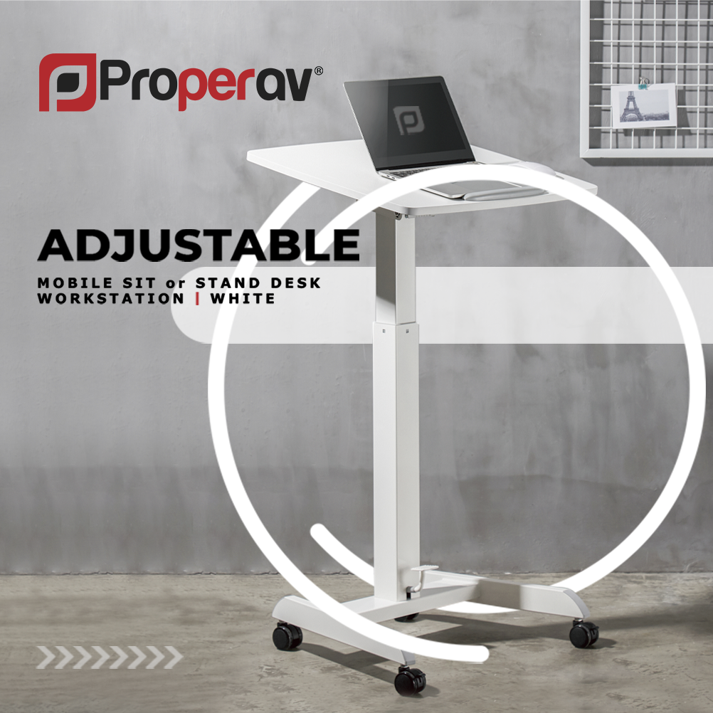 ProperAV Mobile Desk Trolley Workstation with Gas Spring Height Adjustment - White - maplin.co.uk