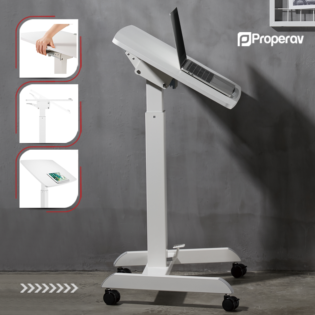 ProperAV Mobile Desk Trolley Workstation with Gas Spring Height Adjustment - White - maplin.co.uk