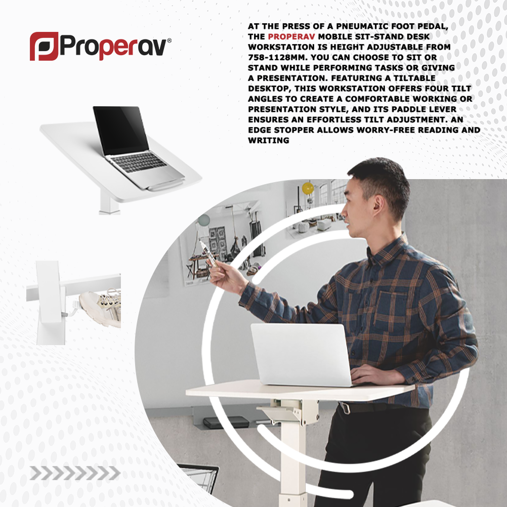 ProperAV Mobile Desk Trolley Workstation with Gas Spring Height Adjustment - White - maplin.co.uk